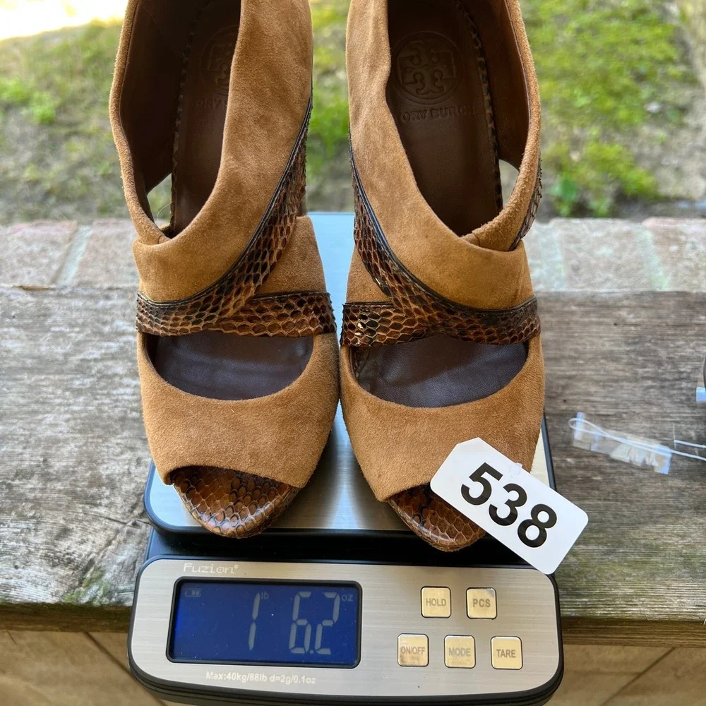 Tory Burch Suede Snakeskin Platform‎ Heels Peep Toe Sandals 7.5M Brown MSRP $425